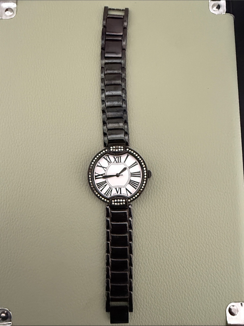 Black Women's Bracelet Watch with White Roman Dial and Crystal Accents